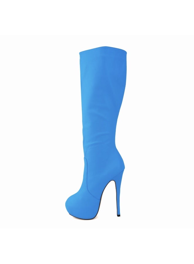 Loquat Faux leather ultra-high heel leg-slimming round-toe knee-high women's boots Heel height: 14cm, platform height: 4cm Blue - Image 2