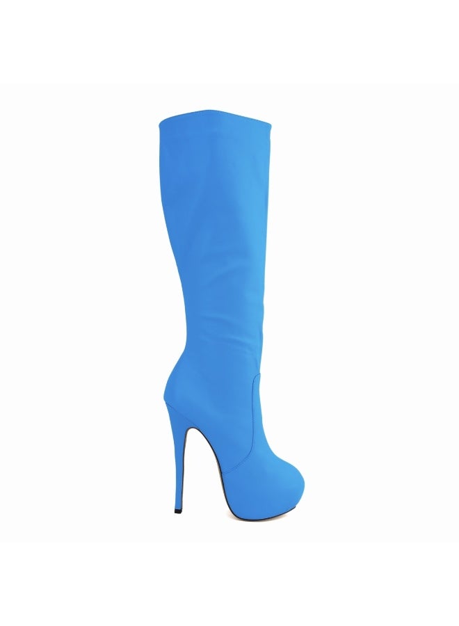 Loquat Faux leather ultra-high heel leg-slimming round-toe knee-high women's boots Heel height: 14cm, platform height: 4cm Blue - Image 1
