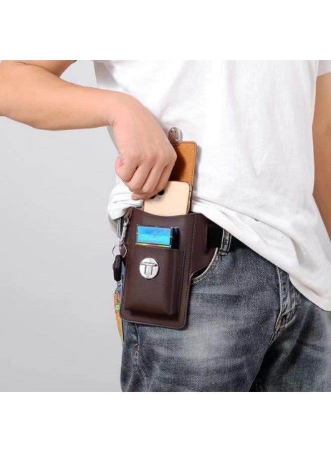 GGEROU حقيبة خصر جلدية عتيقة مع حزام وخطاف وحلقة لحمل الهاتف وحافظة محفظة باللون البني - Image 5