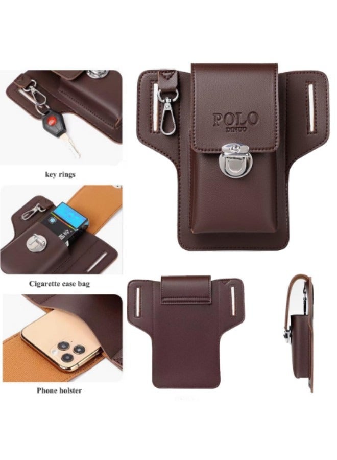 GGEROU حقيبة خصر جلدية عتيقة مع حزام وخطاف وحلقة لحمل الهاتف وحافظة محفظة باللون البني - Image 3