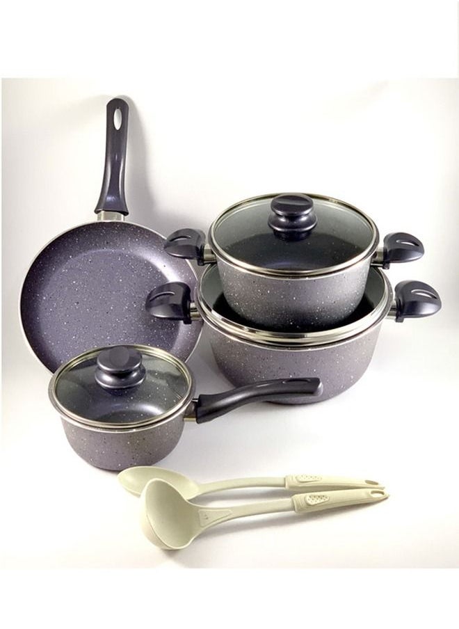 Homemaker 9-Piece Granite Vega Cookware Set - Glass Lids - 2 Deep Pots - 1 Sauce Pan - 1 Frypan - 1 Spoon - 1 Scoop -  Non-Stick Surface - PFOA Free -  Violet/Clear  - Image 3