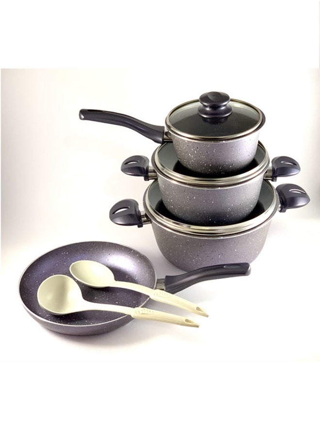 Homemaker 9-Piece Granite Vega Cookware Set - Glass Lids - 2 Deep Pots - 1 Sauce Pan - 1 Frypan - 1 Spoon - 1 Scoop -  Non-Stick Surface - PFOA Free -  Violet/Clear  - Image 1