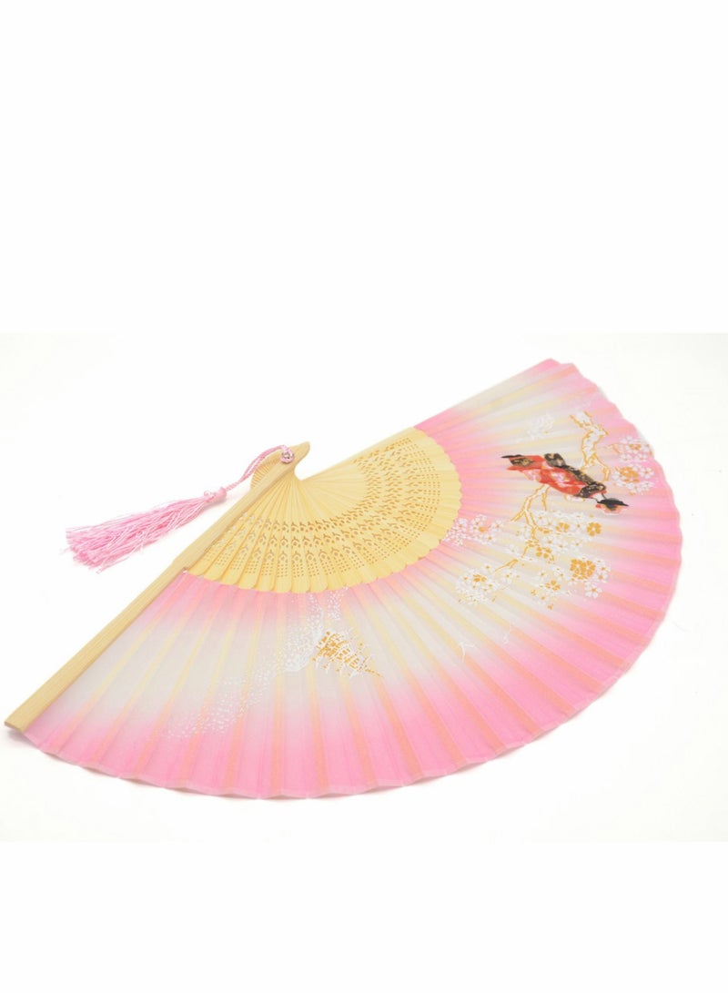 إسكدنيا Folding Hand Fan, Chinese/Japanese Vintage Retro Style Bamboo Wood Silk Fan with a Fabric Sleeve for Women, Pink - Image 3