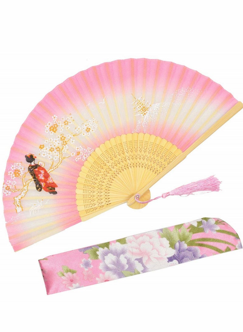 إسكدنيا Folding Hand Fan, Chinese/Japanese Vintage Retro Style Bamboo Wood Silk Fan with a Fabric Sleeve for Women, Pink - Image 1