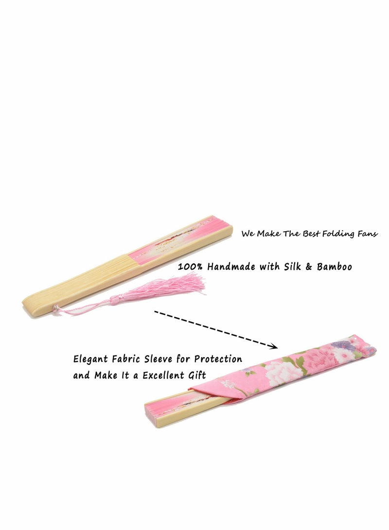 إسكدنيا Folding Hand Fan, Chinese/Japanese Vintage Retro Style Bamboo Wood Silk Fan with a Fabric Sleeve for Women, Pink - Image 5