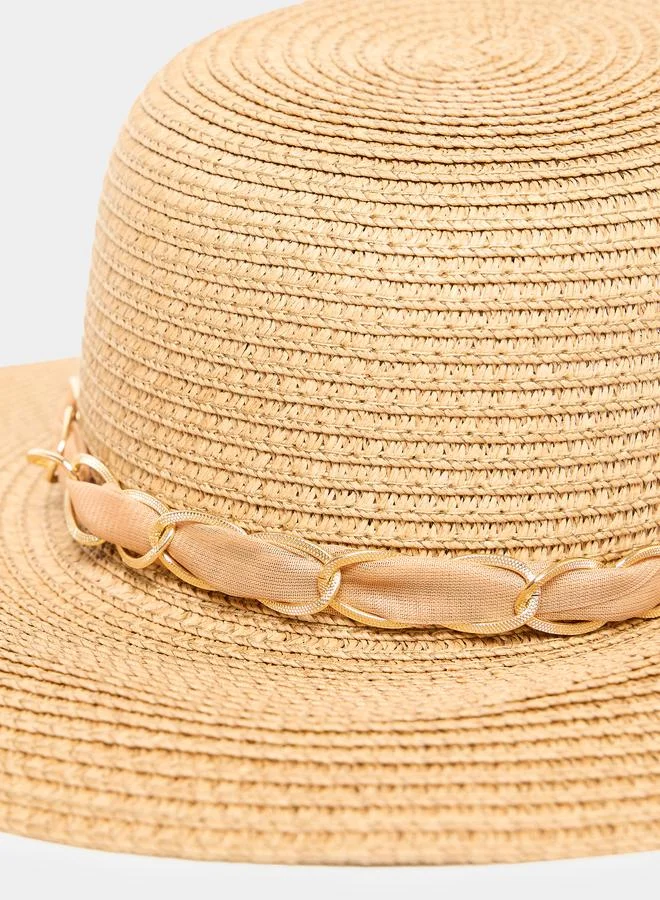 Styli  Khaki Straw Sun Hat with Ribbon Detail for Women | Best Price UAE