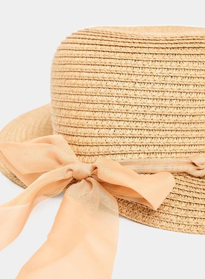 Styli  Khaki Straw Sun Hat with Ribbon Detail for Women | Best Price UAE