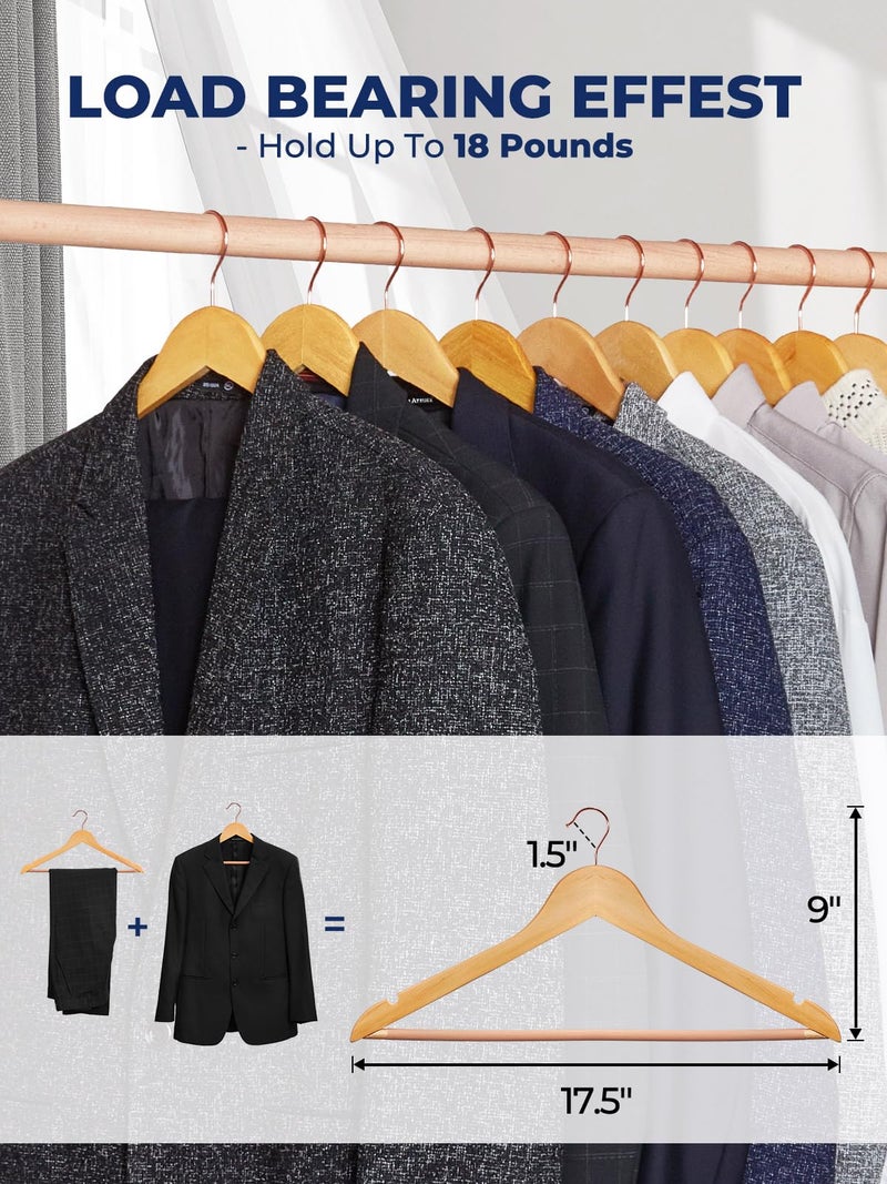 Smartor Wooden Hangers 10 Pack, Solid Wood Coat Hanger for Closet, Heavy Duty Wood Hangers for Suits, Shirts, Dresses, with 360Â° Rose Gold Hook, Non Slip Pant Bar, Natural - Image 4