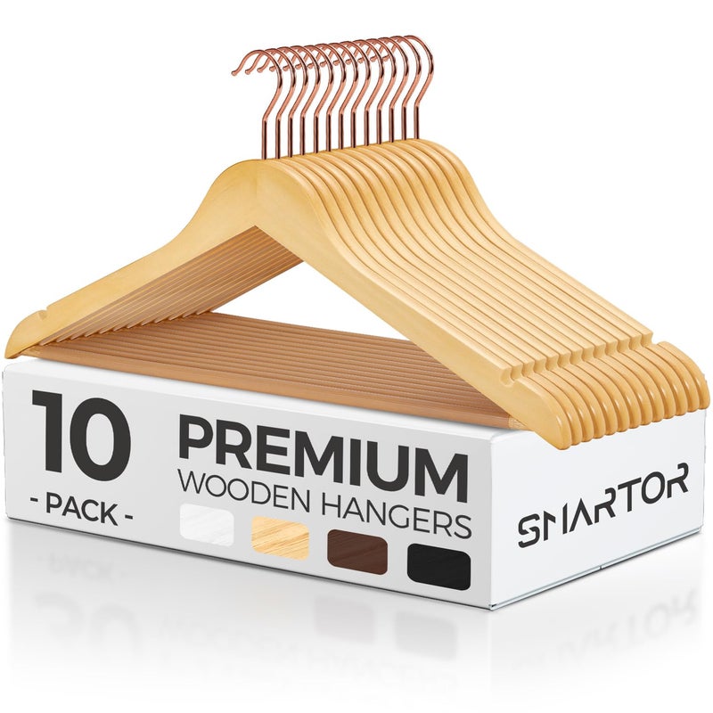 Smartor Wooden Hangers 10 Pack, Solid Wood Coat Hanger for Closet, Heavy Duty Wood Hangers for Suits, Shirts, Dresses, with 360Â° Rose Gold Hook, Non Slip Pant Bar, Natural - Image 1