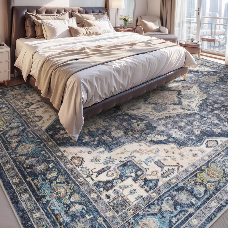 AMOAMI-Area Rug 6X9 Rugs for Living Room-Vintage Soft Blue Rugs for Bedroom-Non Slip Carpet-Machine Washable Rug for Dining Room Living Room Bedroom Office Under Table - Image 2