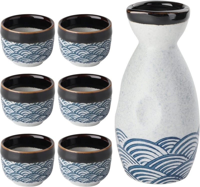 forkmannie Sake Set Ceramic Japanese Sake Set of 7 include 1 Sake bottle 6 Sake Cups for Hot or Cold Sake at Home or Restaurant - Image 1