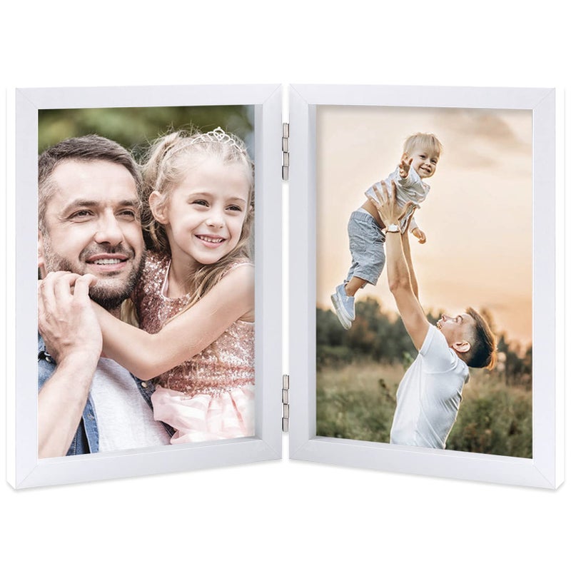 WUTL إطارات صور مزدوجة مقاس 4X6 من خشب Mdf مع حامل زجاجي حقيقي عموديًا على سطح الطاولة باللون الأبيض - Image 1