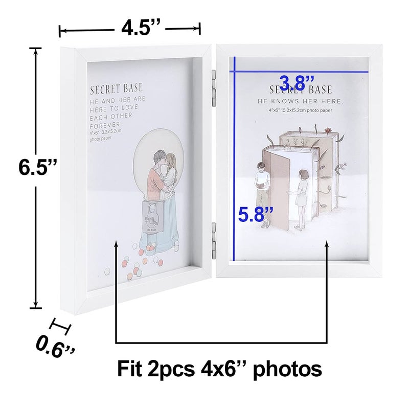 WUTL إطارات صور مزدوجة مقاس 4X6 من خشب Mdf مع حامل زجاجي حقيقي عموديًا على سطح الطاولة باللون الأبيض - Image 2