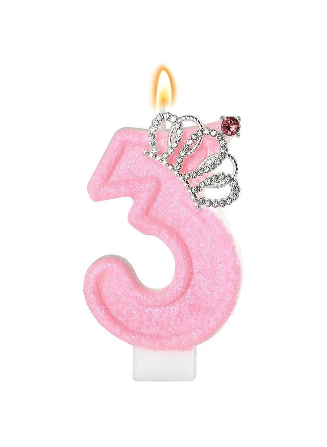 LAMAY Pink Crown Birthday Number Candles, Cake Topper, Perfect for Girls and Women's Parties, Anniversary Celebrations (Number 3) - Image 1