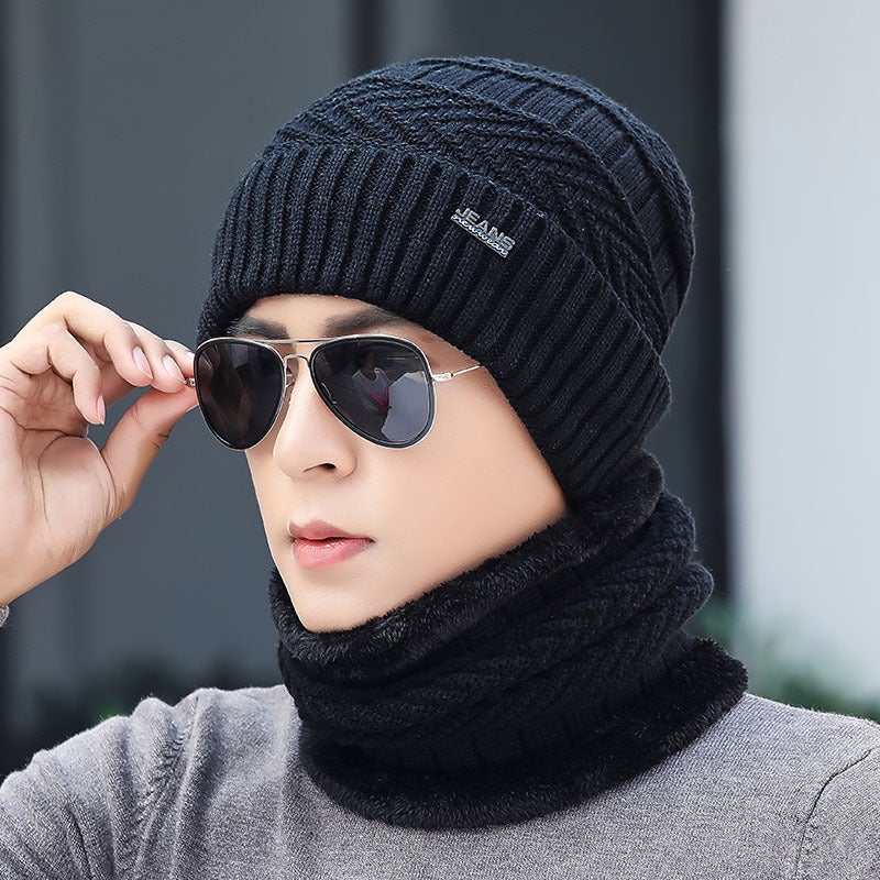 Winter Knit Cap Mens Plush Thickened Warmth Black Black - Image 1