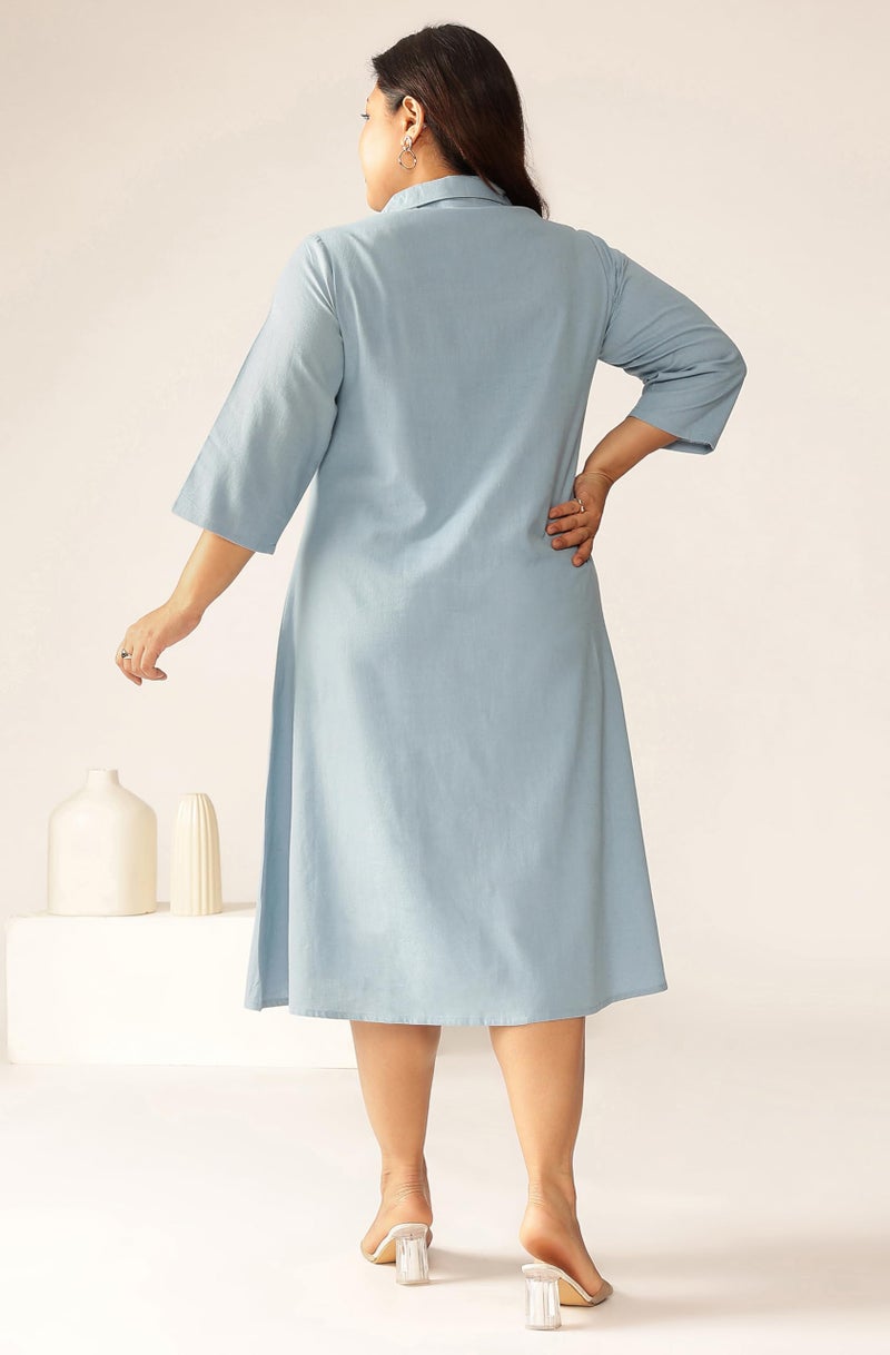 Janasya Women's Plus Size Light Blue Linen Cotton Solid Button Down Shirt Style A-line Dress - Image 4