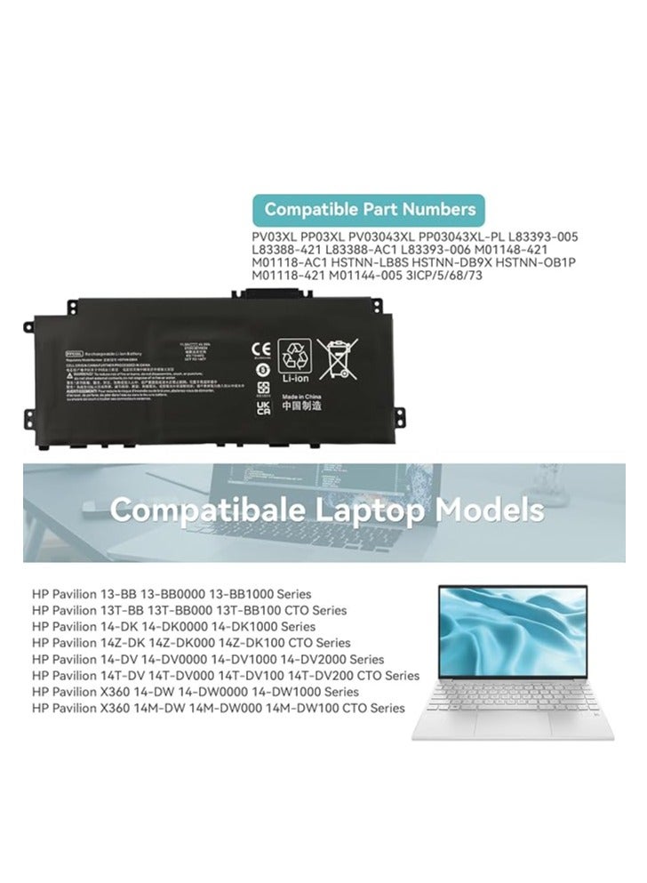 Terabyte Replacement PV03XL PP03XL Laptop Battery for HP Pavilion X360 14-dw0xxx 14-dw1xxx 13-bb0xxx 13-bb1xxx 14-dk0xxx 14-dk1xxx 14-dv0xxx 14-dv1xxx 14-dv2xxx 14-dw1210 ng 14-dw1017ns dw0004nl dw0011nl dw1001nl - Image 3