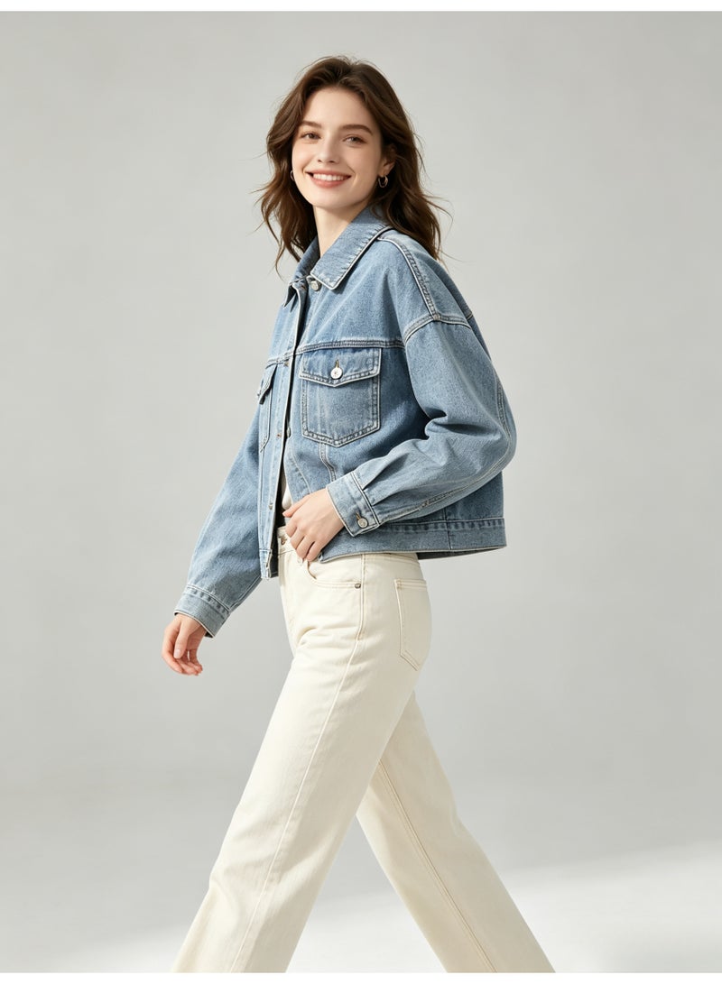زارا ZARA Women Cropped Denim Jacket, Classic Lapel Long Sleeve Button Down Loose Oversized Jean Coat with Flap Pockets for Ladies - Image 5