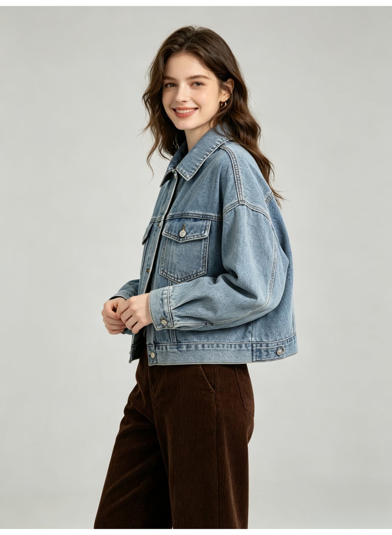 زارا ZARA Women Cropped Denim Jacket, Classic Lapel Long Sleeve Button Down Loose Oversized Jean Coat with Flap Pockets for Ladies - Image 3