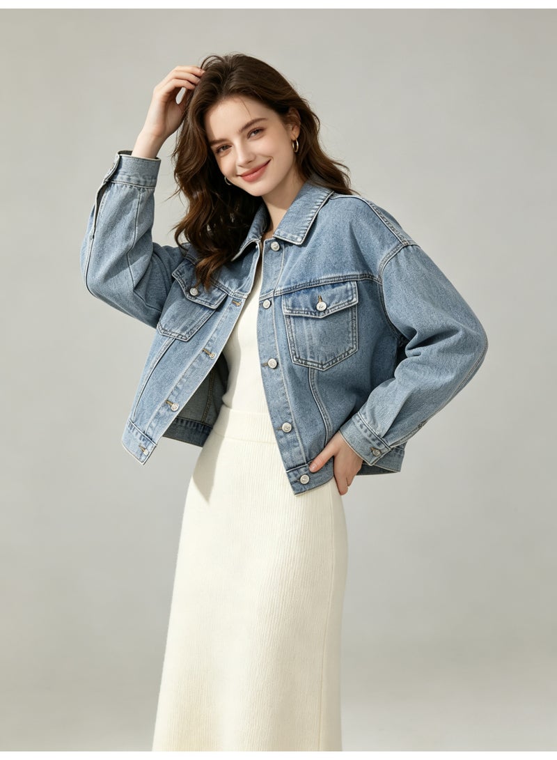 زارا ZARA Women Cropped Denim Jacket, Classic Lapel Long Sleeve Button Down Loose Oversized Jean Coat with Flap Pockets for Ladies - Image 2