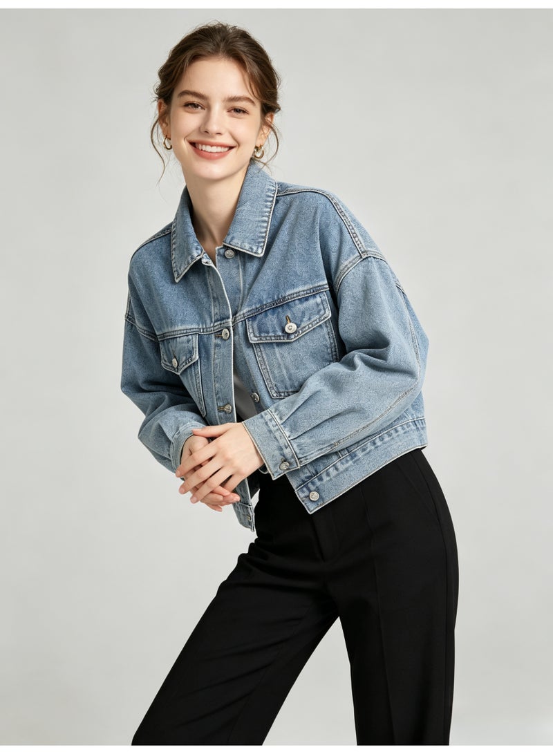 زارا ZARA Women Cropped Denim Jacket, Classic Lapel Long Sleeve Button Down Loose Oversized Jean Coat with Flap Pockets for Ladies - Image 4