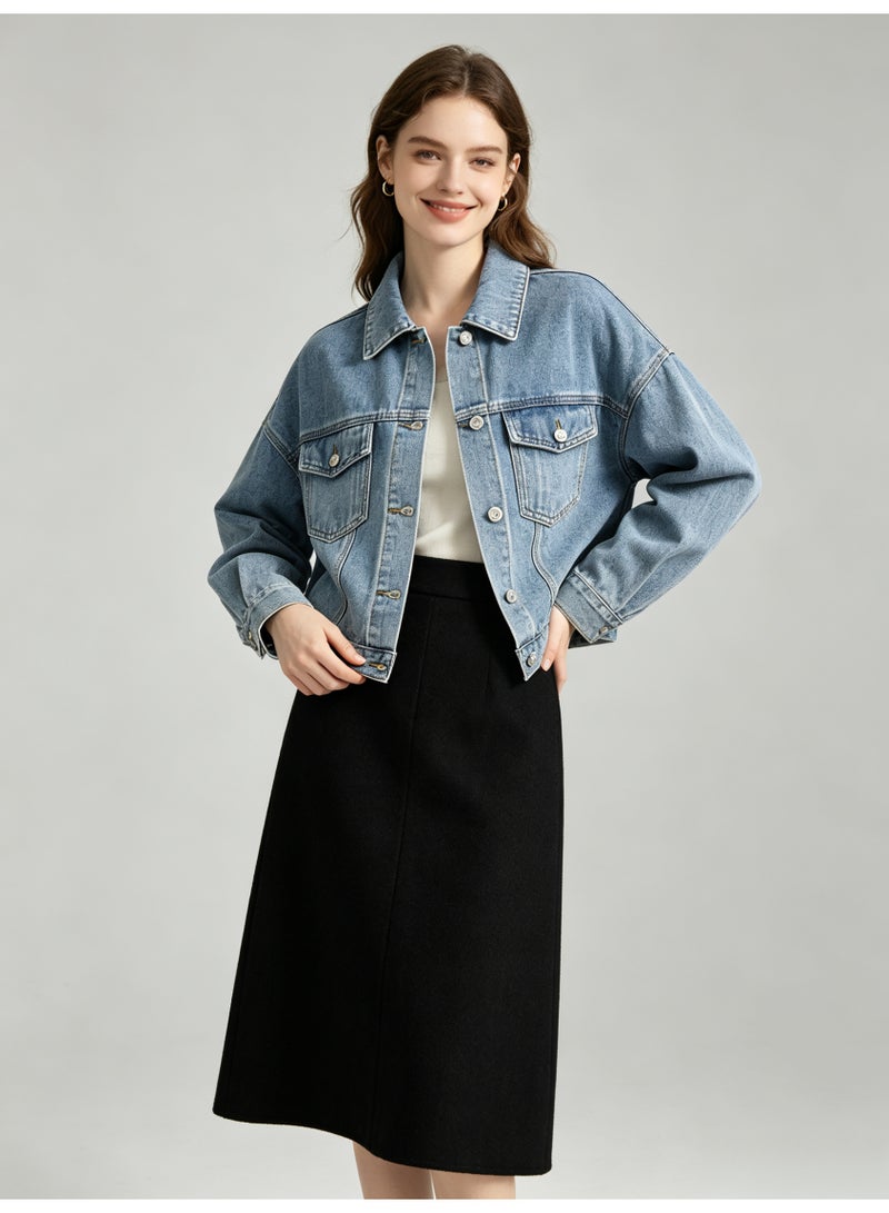 زارا ZARA Women Cropped Denim Jacket, Classic Lapel Long Sleeve Button Down Loose Oversized Jean Coat with Flap Pockets for Ladies - Image 1