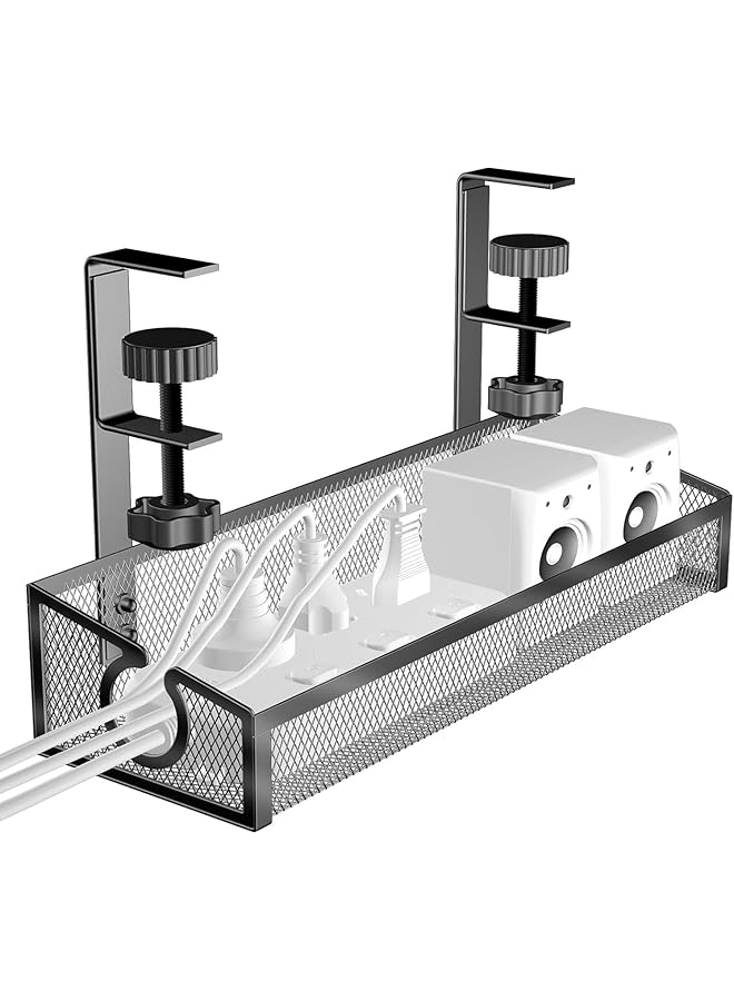 promass Under Desk Cable Management Tray, No Drill Cable Organizer, Metal Cord Management Rack with Clamp, Computer Cord Organizer for Desk, Wire Organizer for Home, Office (Black) - Image 1