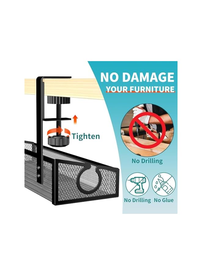 promass Under Desk Cable Management Tray, No Drill Cable Organizer, Metal Cord Management Rack with Clamp, Computer Cord Organizer for Desk, Wire Organizer for Home, Office (Black) - Image 2