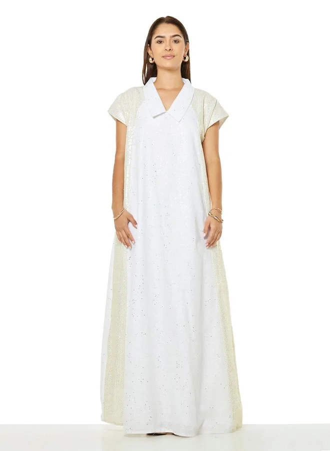 Thouq White Sequin Trim Maxi A-Line Jalabiya