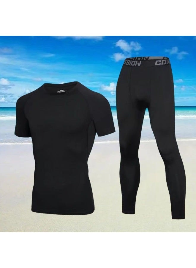 Body Swimsuit Men's Swimming Trunks Long Summer Quick-drying Sunscreen Long Sleeve Trousers Split Hot Spring Beach Surfing Snorkeling Factory-Color:❥☆#∝〃★Cx All Black Short Sleeves + Black Tight Trousers☆❥-Size:❥☆2xl 【 80-90kg 】☆❥