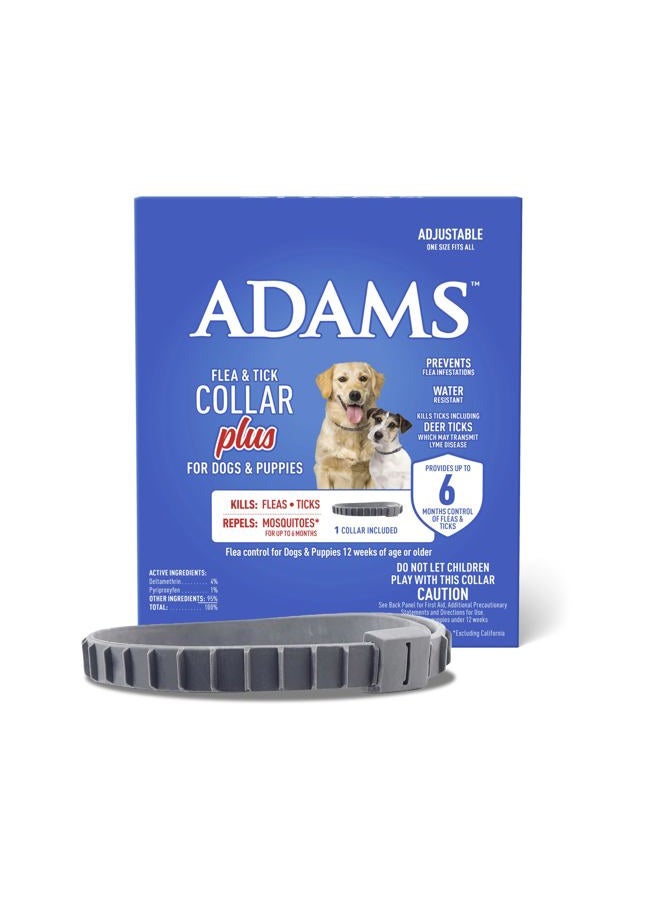 ADAMS Flea & Tick Collar Plus for Dogs & Puppies, 6-Month Protection, One Size Fits All Dogs & Puppies, Kills Fleas & Ticks, Repels Mosquitoes For Up To 6 Months (excluding California) - Image 1