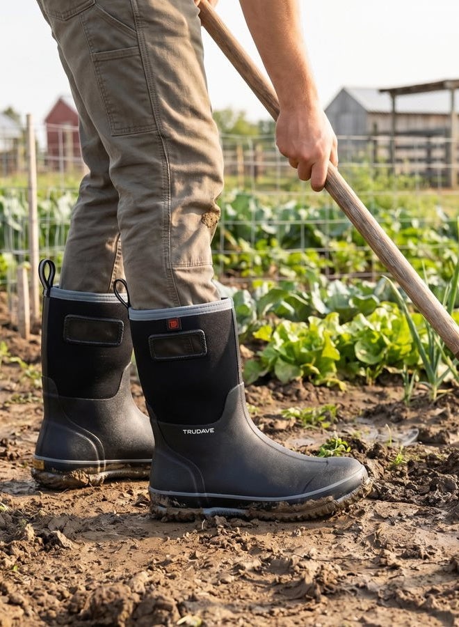 Trudave Rubber Boots for Men, Neoprene Hunting Boots with Steel Shank, Waterproof Mid Calf Rain Boots, Insulated Rubber Work Boots for Farming Gardening Fishing, Grey, 10 - Image 2