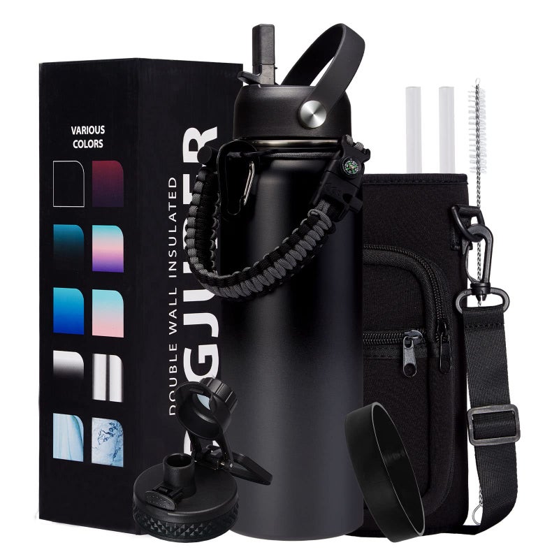 Vacuum Insulated Water Bottle 40oz - w/Straw Lid & Spout Lid  Carrier Bag  Paracord Handle  Bottle Boot  Reusable Stainless Steel Water Bottle for Adults  Wide Mouth Thermo Flask Cold-48H Hot-24H