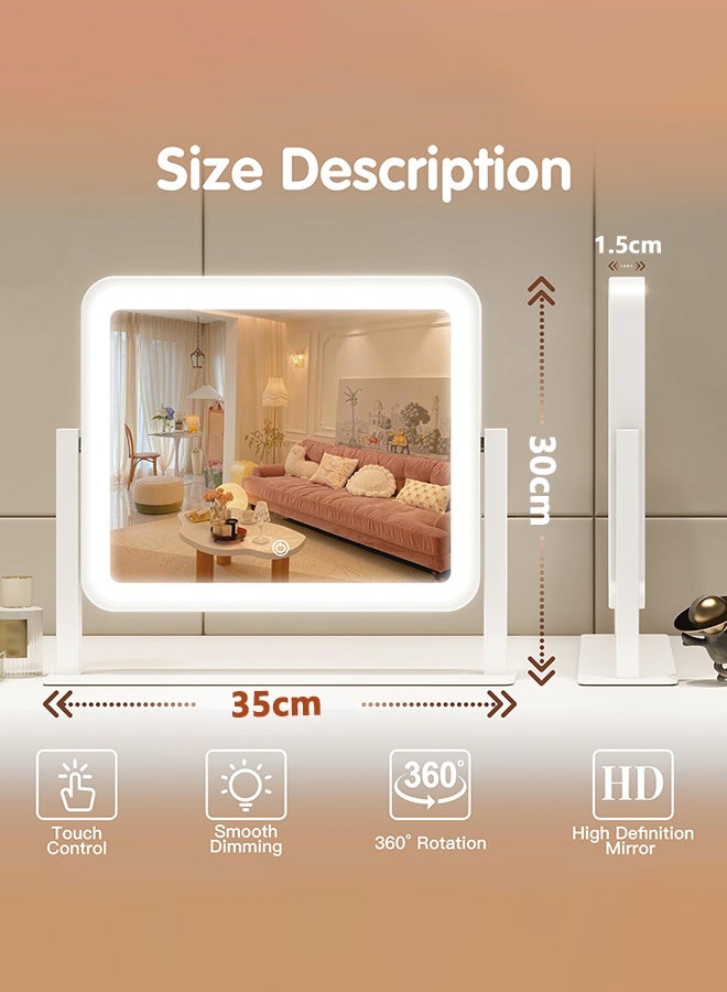 والالا مرآة زينة مع أضواء، مرآة مكياج بإضاءة 35×30×1.5 سم، سطح طاولة، لمسة ذكية مع إضاءة ثلاثية الألوان، قابلة للتعتيم، قابلة للدوران، لسطح طاولة الزينة. - Image 2
