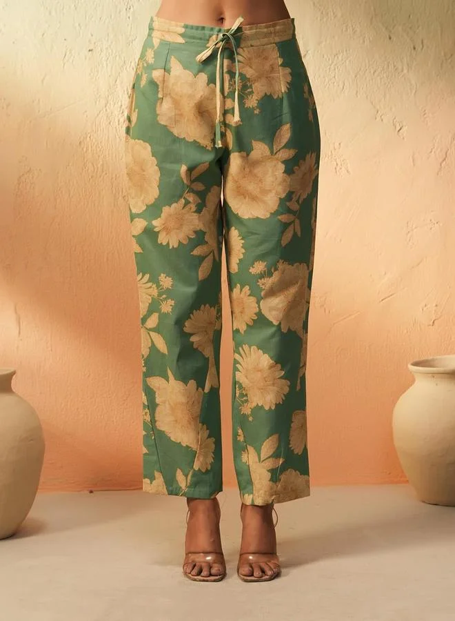 ISHIN Women's Green Cotton Printed Tunic Upper Knee Length Pleat Front Bottom Regular Fit 2 Peice Kurta Set