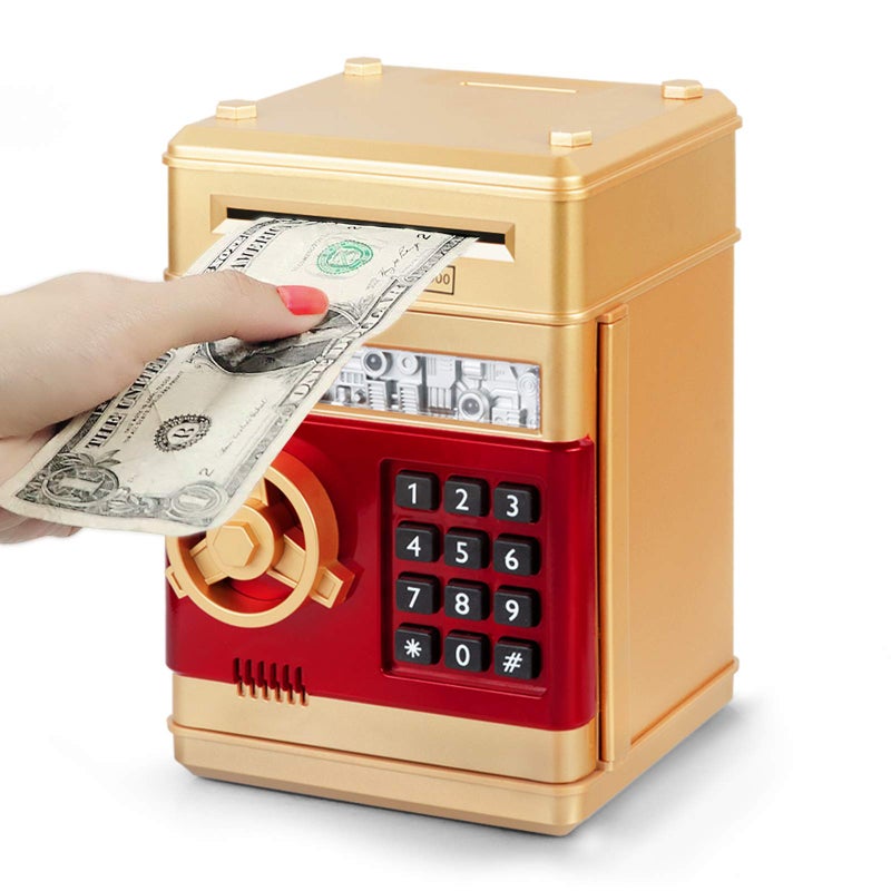 Refasy Money Bank for Kids Age 3 4 5+, Electronic Piggy Bank Money Coin Safe ATM Bank Money Safe for 3-12 Year Old Boys Girls Toys Gifts, Mini ATM Kid Bank Password Money Saving Box Coin Can (Gold) - Image 1