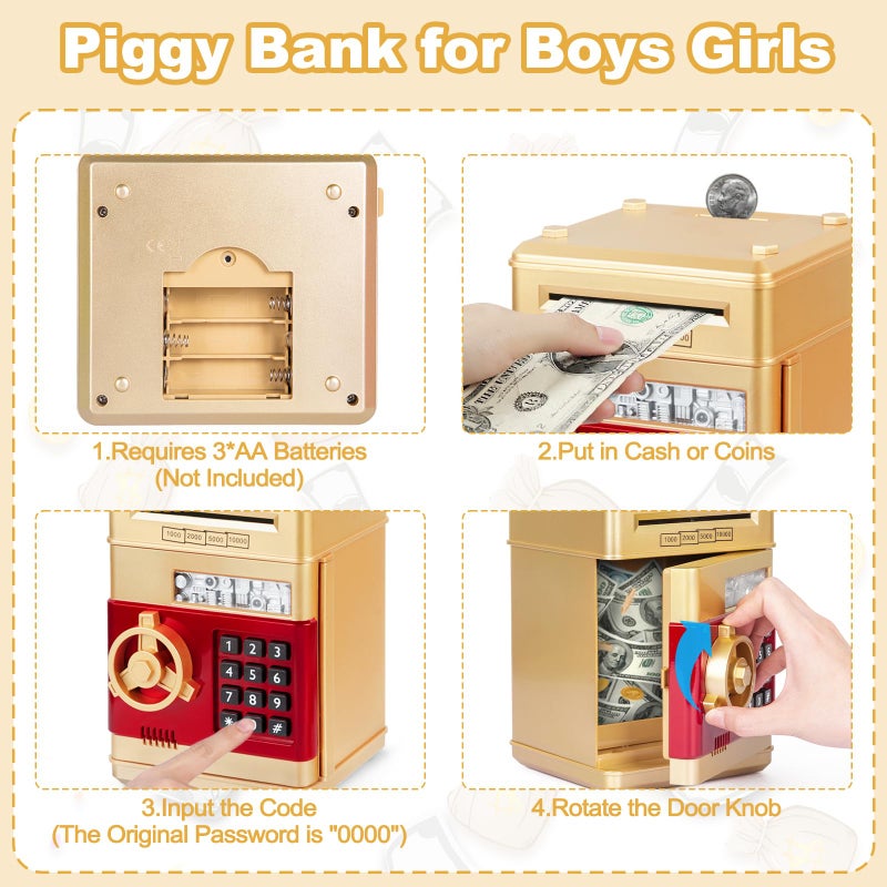 Refasy Money Bank for Kids Age 3 4 5+, Electronic Piggy Bank Money Coin Safe ATM Bank Money Safe for 3-12 Year Old Boys Girls Toys Gifts, Mini ATM Kid Bank Password Money Saving Box Coin Can (Gold) - Image 4