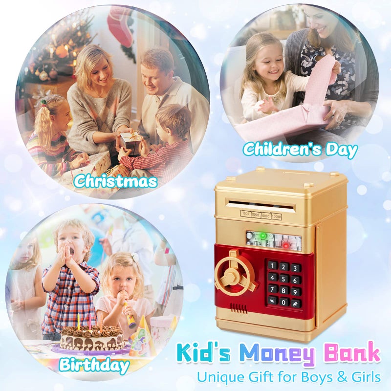 Refasy Money Bank for Kids Age 3 4 5+, Electronic Piggy Bank Money Coin Safe ATM Bank Money Safe for 3-12 Year Old Boys Girls Toys Gifts, Mini ATM Kid Bank Password Money Saving Box Coin Can (Gold) - Image 5