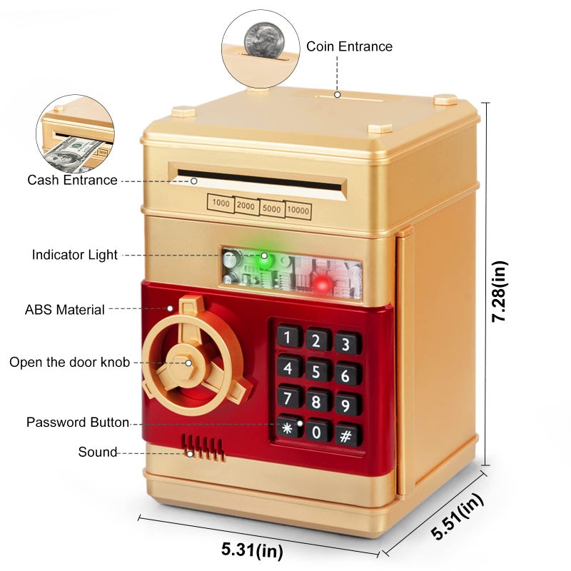 Refasy Money Bank for Kids Age 3 4 5+, Electronic Piggy Bank Money Coin Safe ATM Bank Money Safe for 3-12 Year Old Boys Girls Toys Gifts, Mini ATM Kid Bank Password Money Saving Box Coin Can (Gold) - Image 3