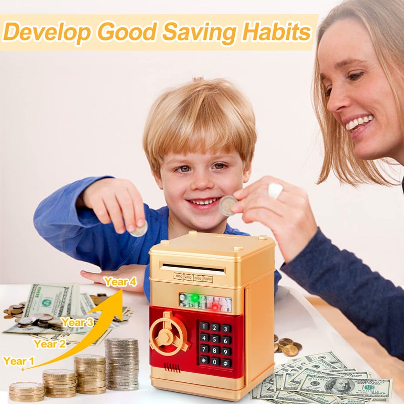 Refasy Money Bank for Kids Age 3 4 5+, Electronic Piggy Bank Money Coin Safe ATM Bank Money Safe for 3-12 Year Old Boys Girls Toys Gifts, Mini ATM Kid Bank Password Money Saving Box Coin Can (Gold) - Image 2