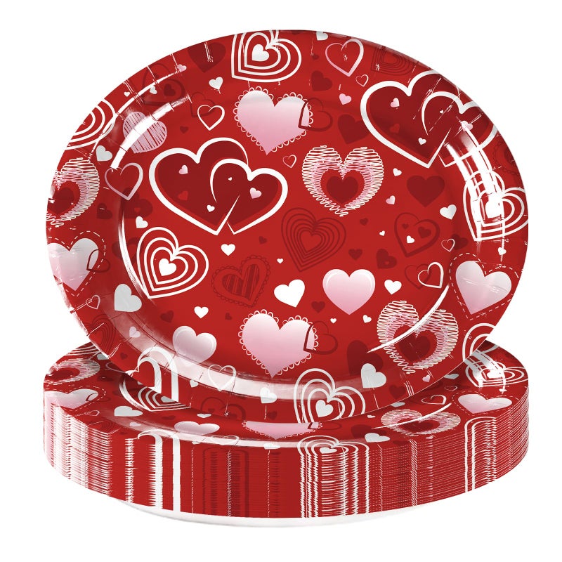 PhyLence 50 Pcs Valentineâ€™s Day Oval Plates â€“ 9" x 11" Red and Pink Heart Disposable Paper Plates for Romantic Dinners, Weddings, Anniversaries, and Valentineâ€™s Parties - Image 1