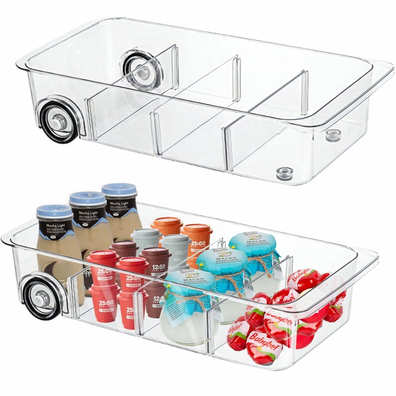 MineSign 2Pack Roll Out Fridge Caddy Bins Pull Out Drawer with Wheels Refrigerator Organizer Bins with Handles Divided Fruit Caddy for Fridge Pantry Cabinet Storage Cans Drinks - Image 1