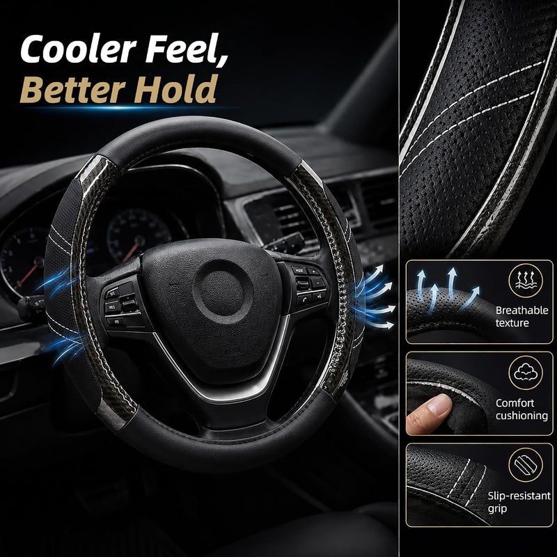 Elantrip Sport Leather Steering Wheel Cover 14 1/2 inch to 15 inch Universal, Padded Soft Grip Breathable for Car Truck SUV Jeep, Anti Slip Odorless Carbon Fiber Black - Image 3