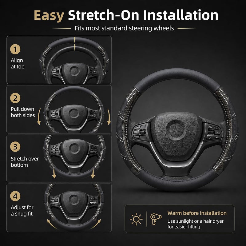 Elantrip Sport Leather Steering Wheel Cover 14 1/2 inch to 15 inch Universal, Padded Soft Grip Breathable for Car Truck SUV Jeep, Anti Slip Odorless Carbon Fiber Black - Image 5