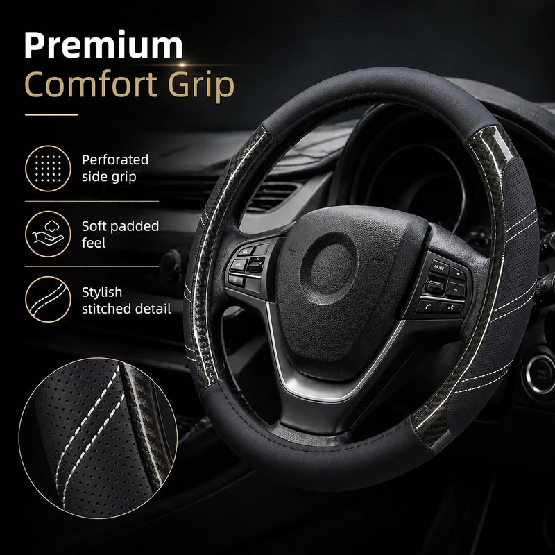 Elantrip Sport Leather Steering Wheel Cover 14 1/2 inch to 15 inch Universal, Padded Soft Grip Breathable for Car Truck SUV Jeep, Anti Slip Odorless Carbon Fiber Black - Image 2