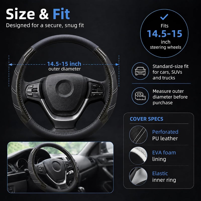 Elantrip Sport Leather Steering Wheel Cover 14 1/2 inch to 15 inch Universal, Padded Soft Grip Breathable for Car Truck SUV Jeep, Anti Slip Odorless Carbon Fiber Black - Image 4