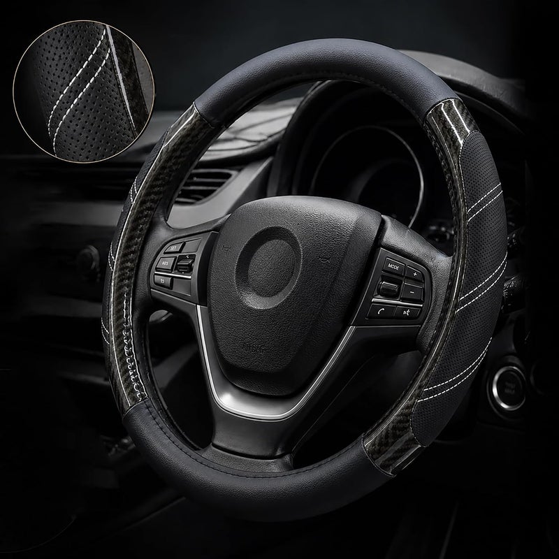 Elantrip Sport Leather Steering Wheel Cover 14 1/2 inch to 15 inch Universal, Padded Soft Grip Breathable for Car Truck SUV Jeep, Anti Slip Odorless Carbon Fiber Black - Image 1