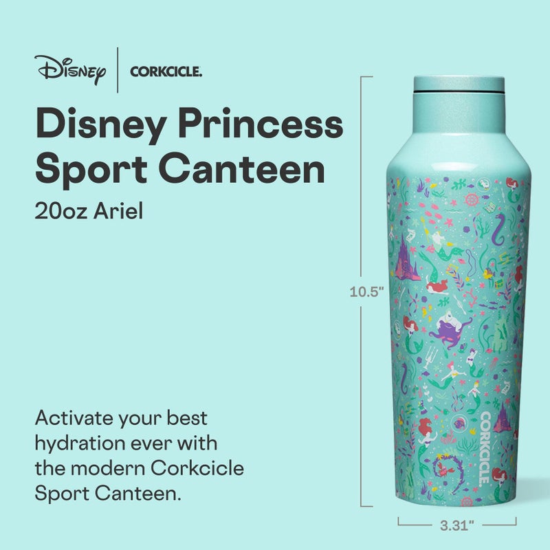Corkcicle Disney Princess Sport Canteen - Keeps Drinks Cold for 25 Hours - Triple-Insulated Stainless Steel - Screw-On Cap - Summer Drinkware Gift - Keeps Drinks Ice Cold - 20 oz - Ariel - Image 2