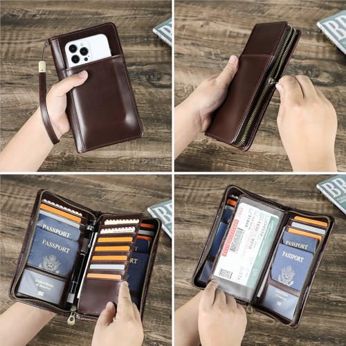 CONTACTS Travel Passport Wallet for Men Leather Family Passport Holder Travel Clutch Wallet Zipper Wrist Card Purse RFID Blocking with 13 Card Slot Fit up 4 Passports - Image 5
