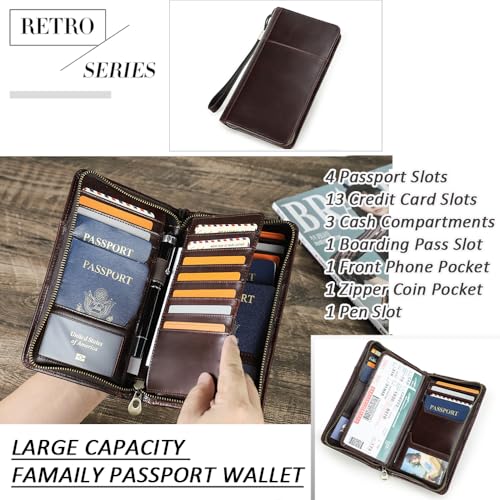 CONTACTS Travel Passport Wallet for Men Leather Family Passport Holder Travel Clutch Wallet Zipper Wrist Card Purse RFID Blocking with 13 Card Slot Fit up 4 Passports - Image 2